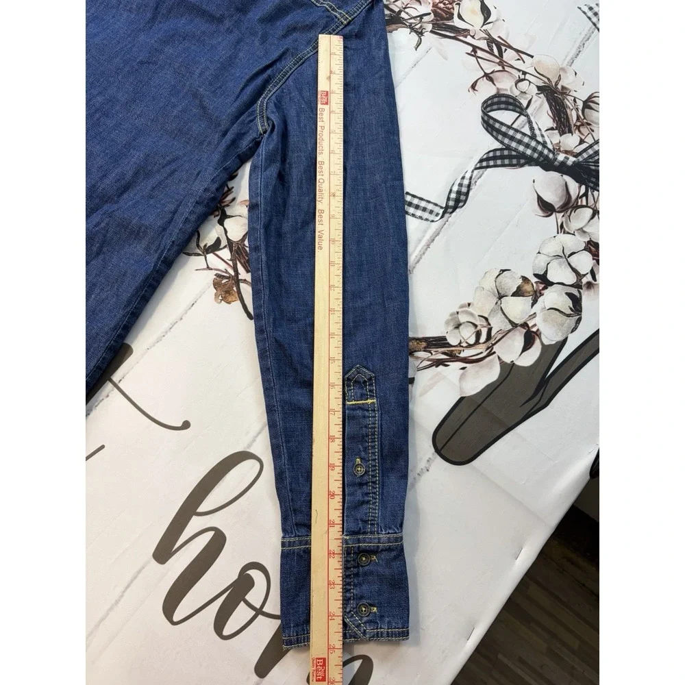True Religion Mens Dark Wash Denim Western Shirt Pearl Snap Horseshoe Stitching